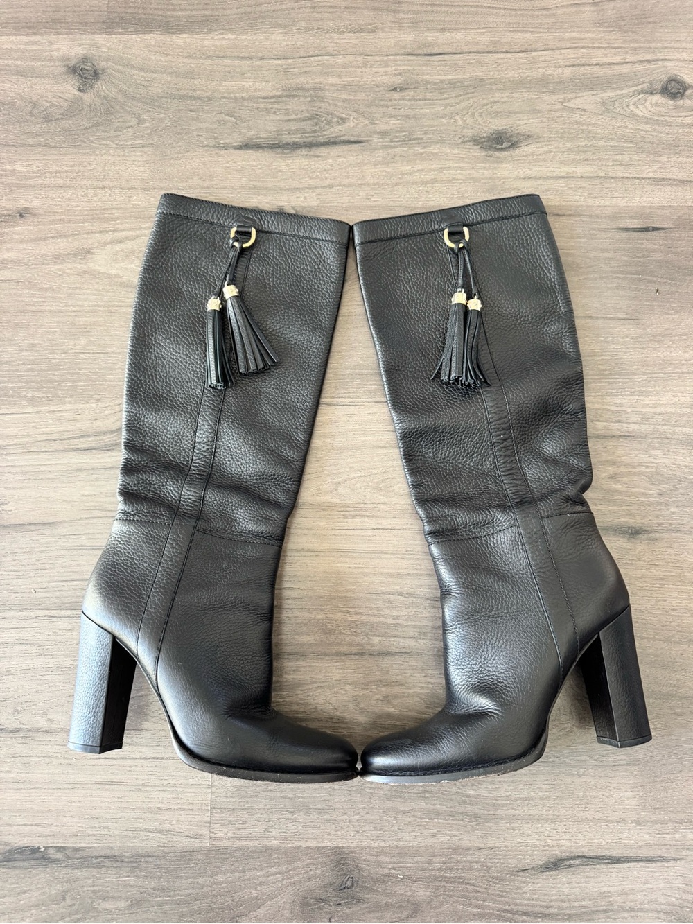 Gucci black leather mid calf tassel heel boots